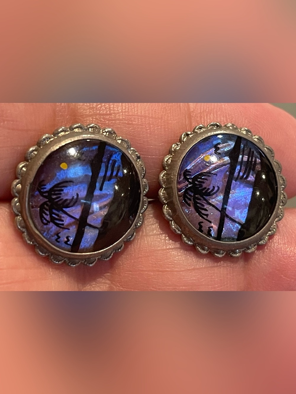 Vintage Sterling Morpho Butterfly Wing Reverse Painted Palm Tree Earrings